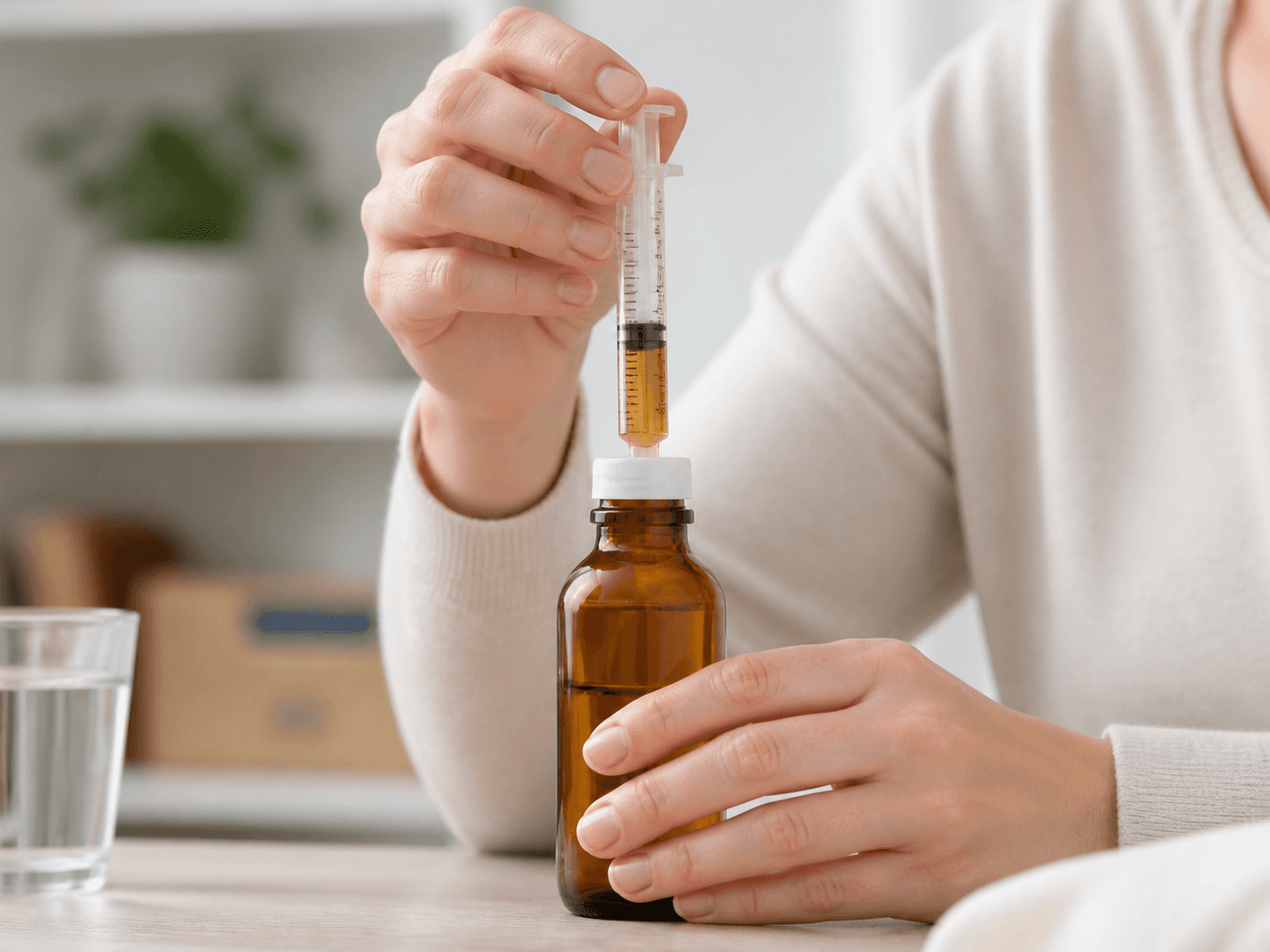 Oral Liquid Bottle used for liquids measured by a patient or carer in a home dosing setting