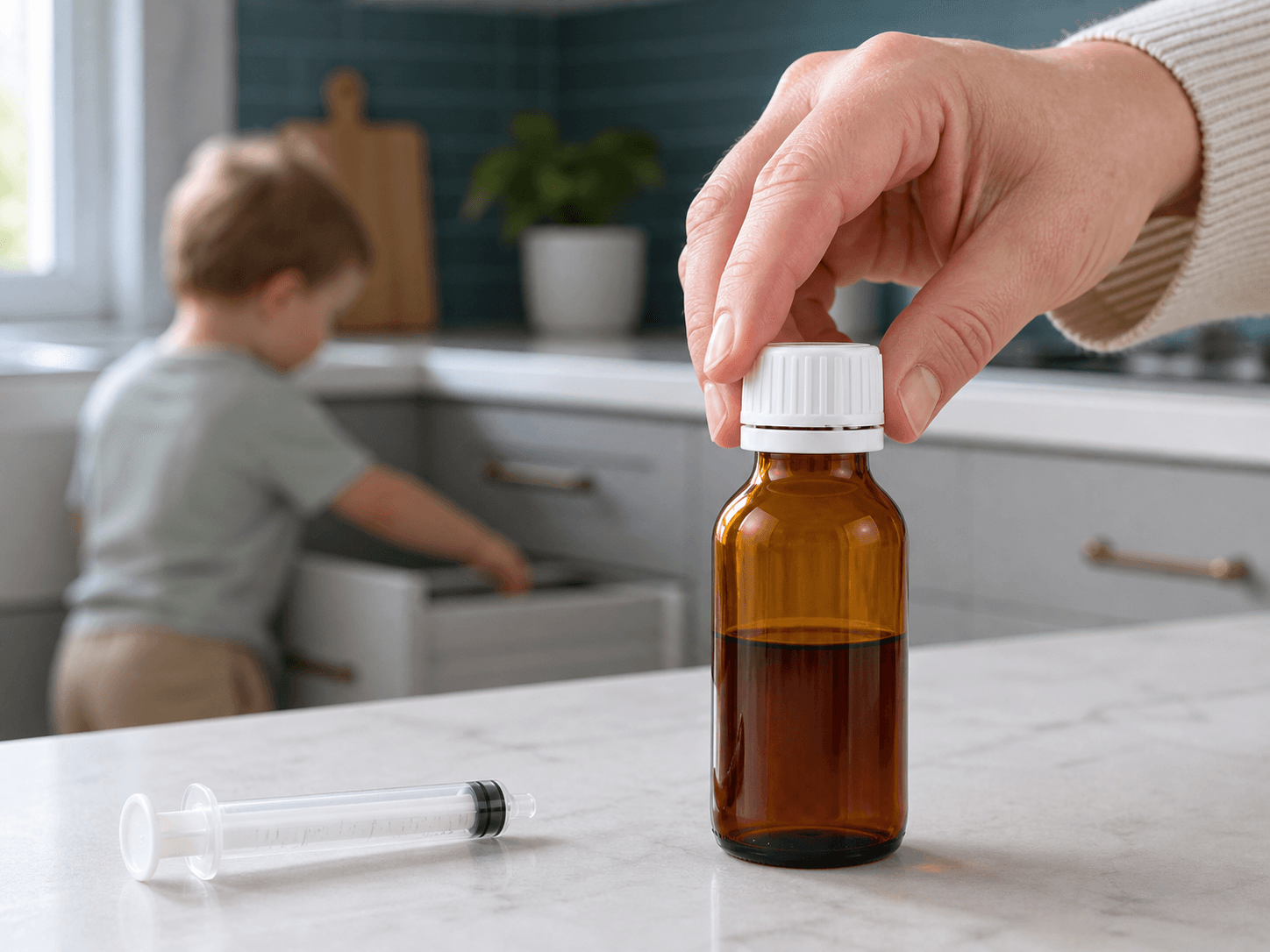 Oral Liquid Bottle used for medicine stored where children live in a household safety setting
