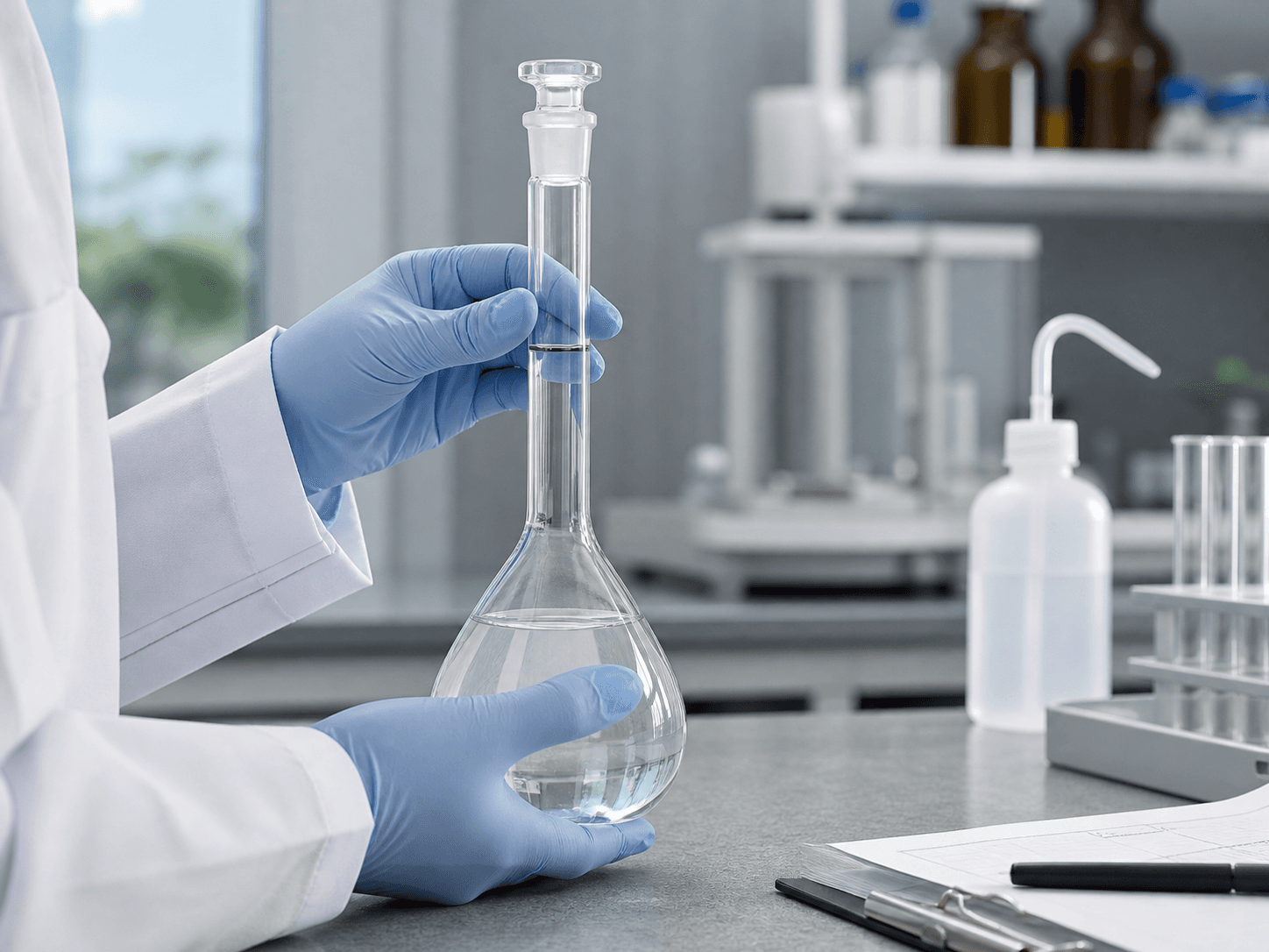 Volumetric Flask used for standards & analytical solutions in a solution preparation setting