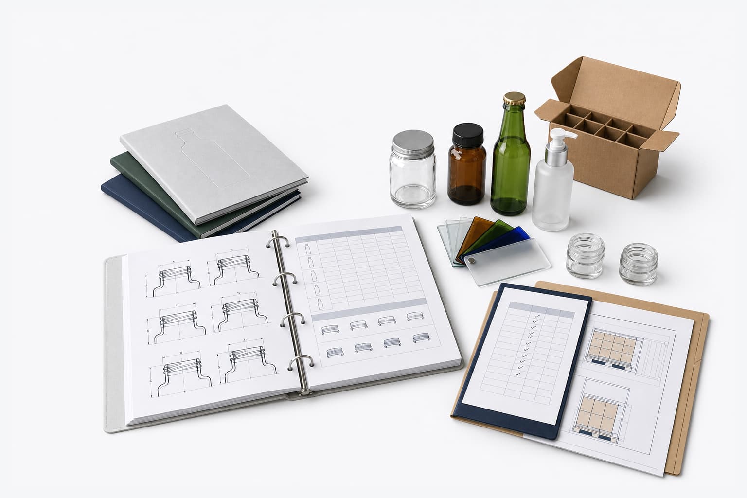 Glass packaging sourcing reference desk with buyer guides, neck-finish drawings, matched bottle samples, color chips, quality checklist and export load plan