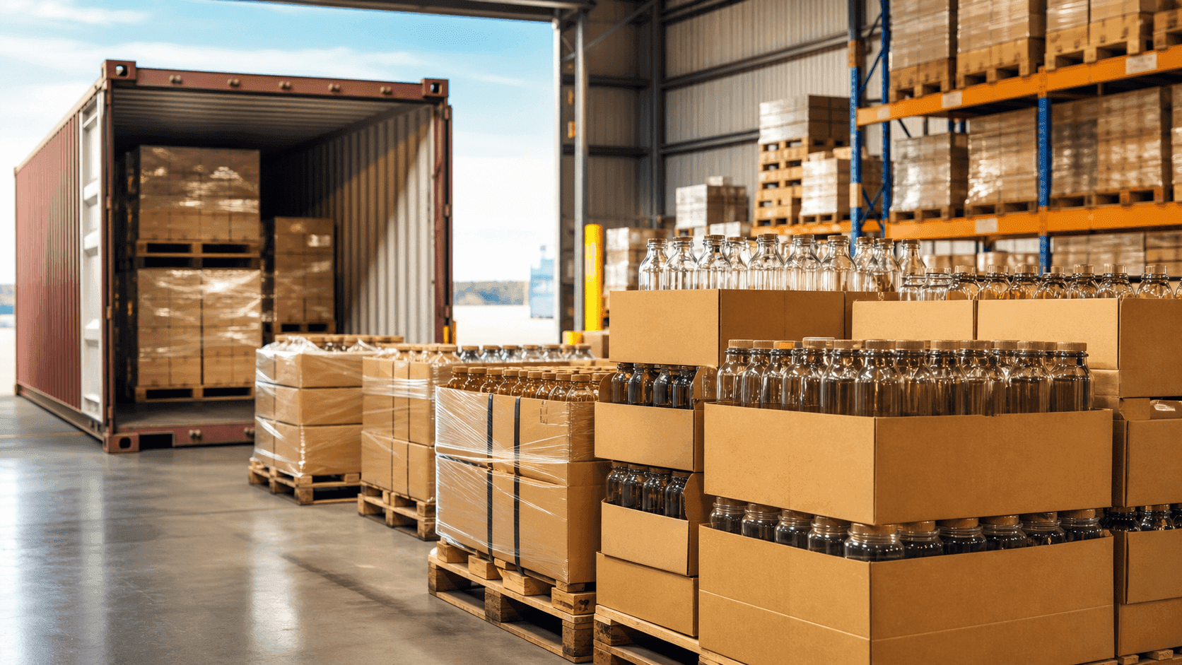 Palletized glass bottles and jars ready for export shipping