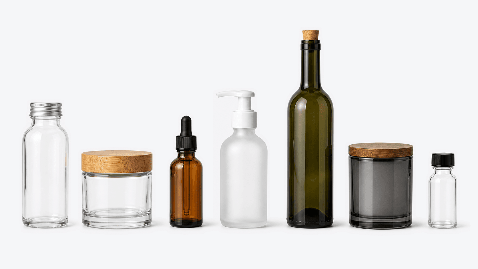 A row of wholesale glass packaging with closures — clear bottle, wooden-lid jar, amber dropper bottle, frosted pump bottle, green wine bottle with cork, wooden-lid candle jar, and a small vial — on a light gray backdrop
