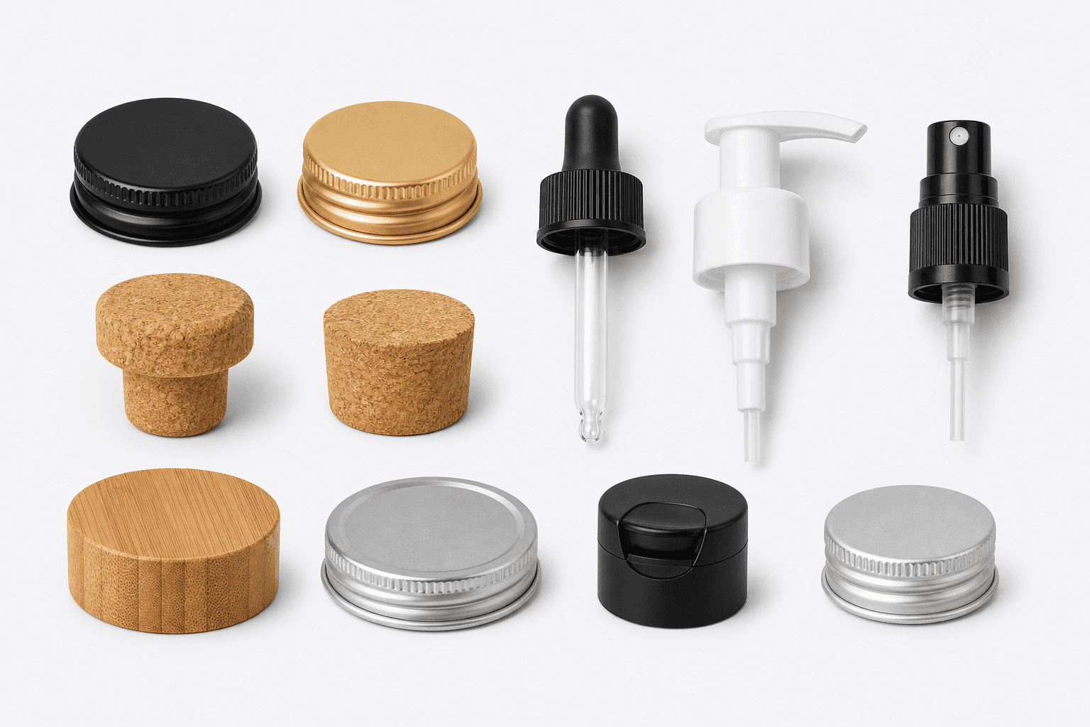Closures & Accessories glass packaging — Caps · Pumps · Droppers