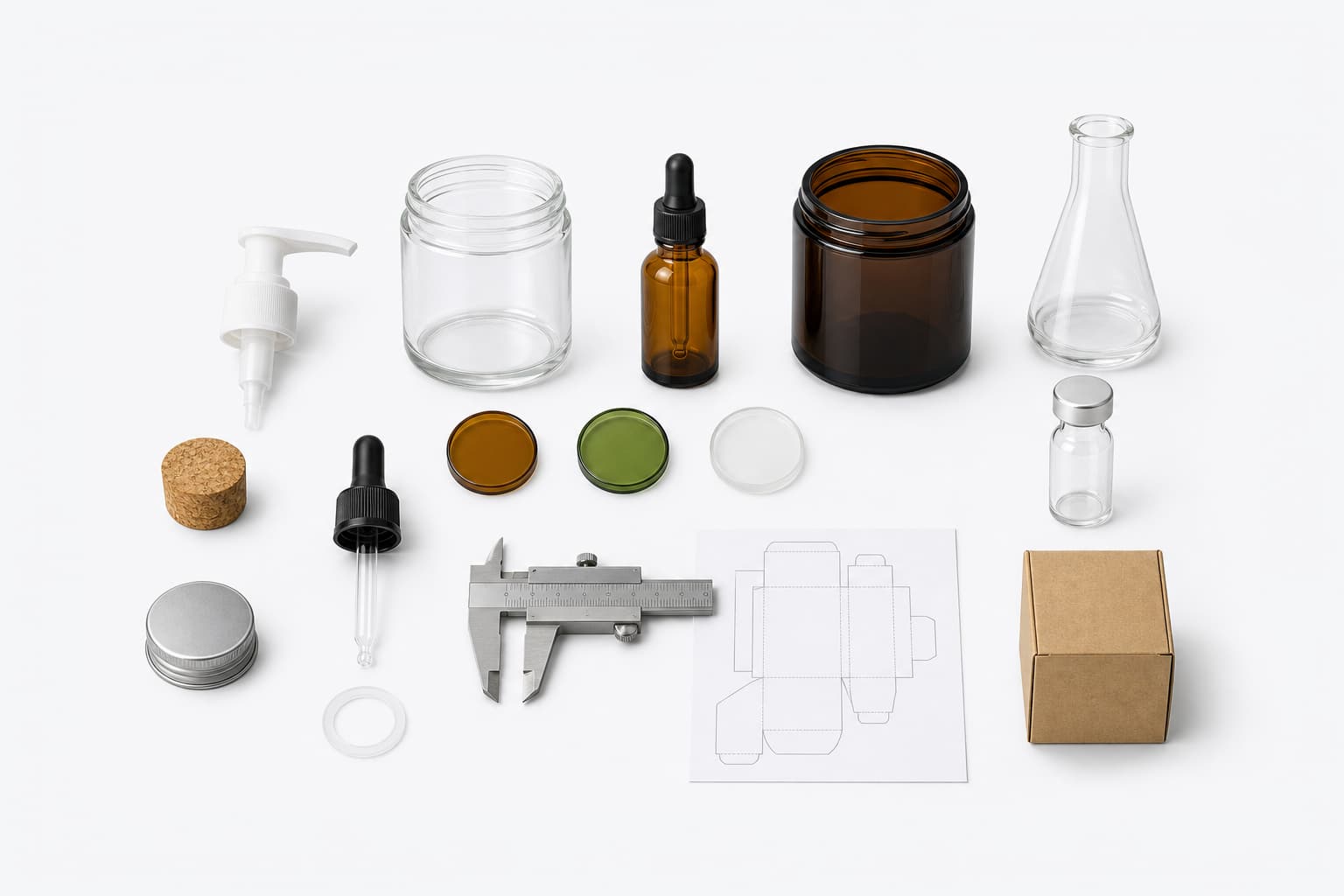 Glass packaging specification workspace with food, cosmetic, candle, laboratory and pharmaceutical containers, closures, finish samples, caliper, carton drawing and export box