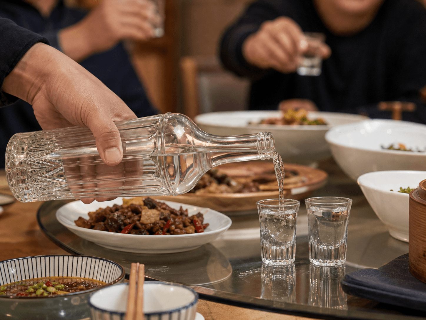 Baijiu Bottle used for bottles opened and shared at a table in a banquet service setting