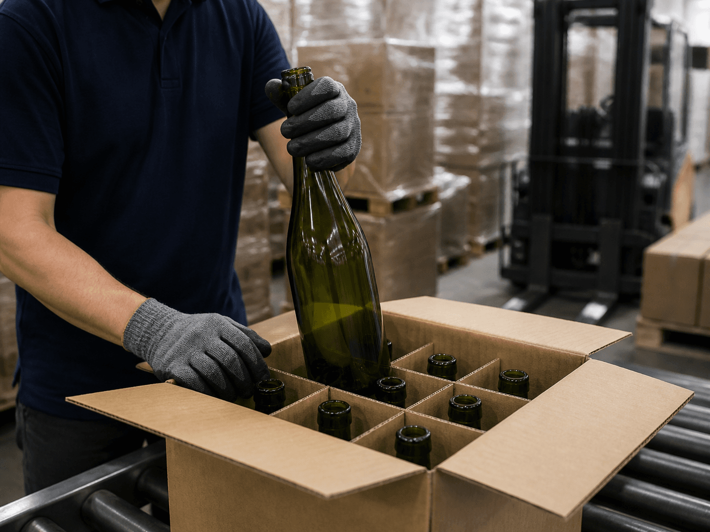 Burgundy Bottle used for a wider bottle in the same container in a export shipments setting