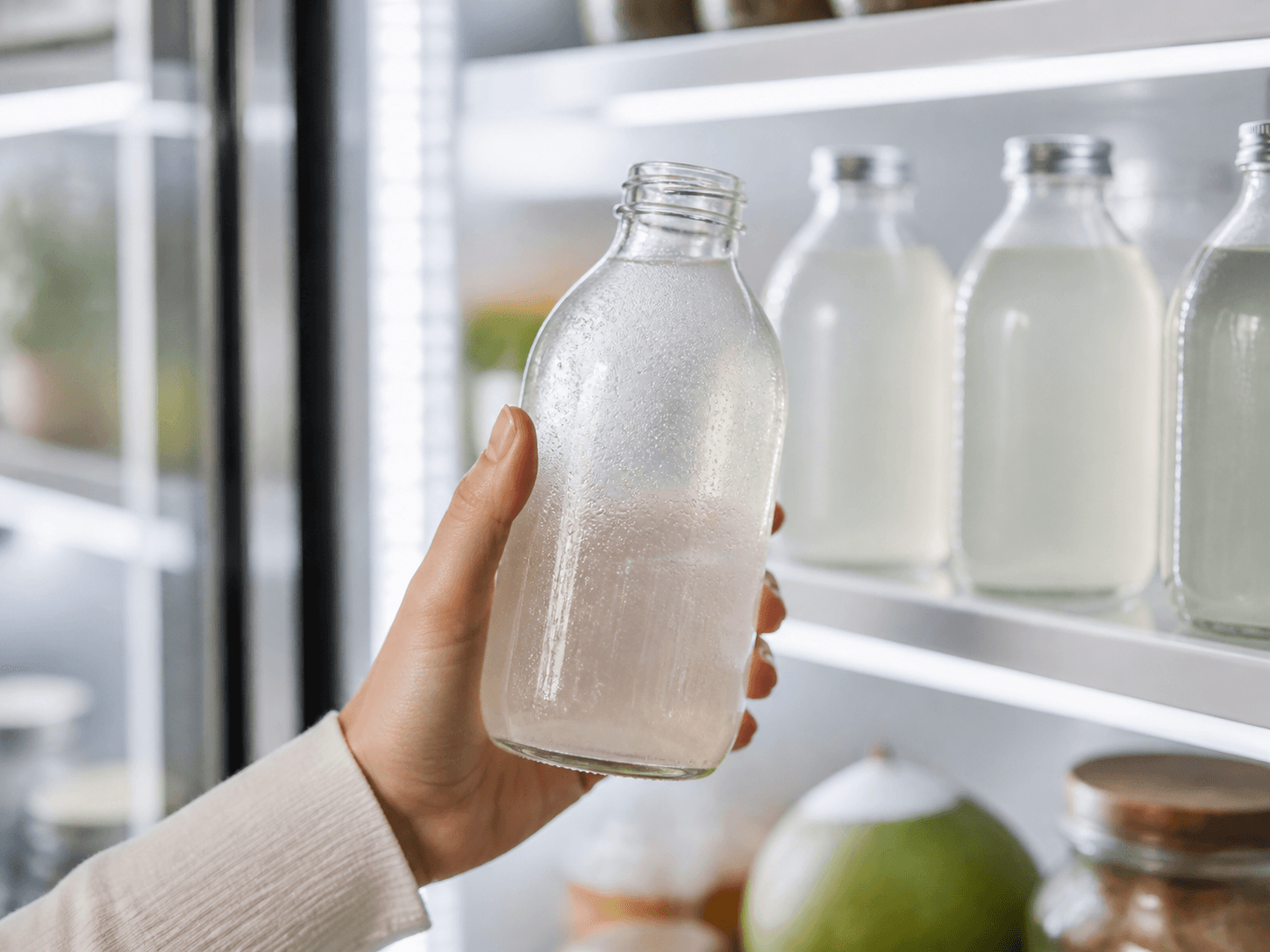 Coconut Water / Electrolyte Bottle used for chilled cabinet & wellness ranges in a premium retail setting
