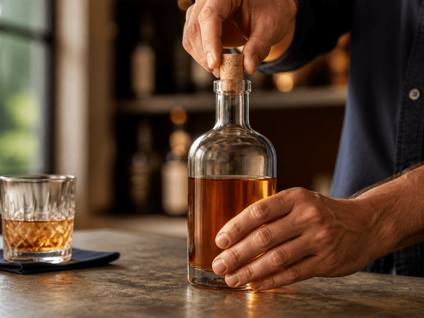 Cork-finish Bottle used for bottles opened by pulling a stopper in a premium beverages setting