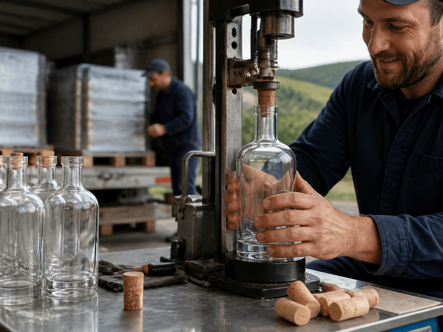 Cork-finish Bottle used for one corker set up for several producers in a mobile bottling setting