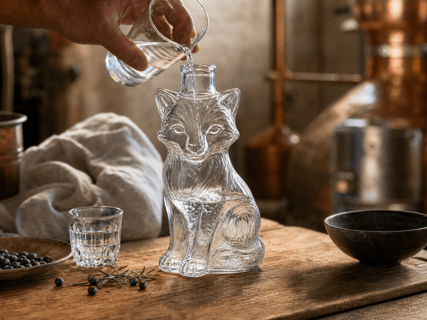 Figural Novelty Bottle used for small-batch gin, liqueur & eau de vie in a craft spirits setting