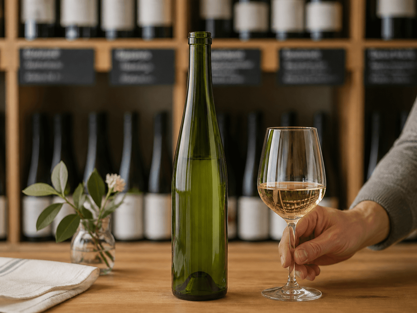 Hock / Riesling Bottle used for bottles identified by shape on a shelf in a aromatic whites setting