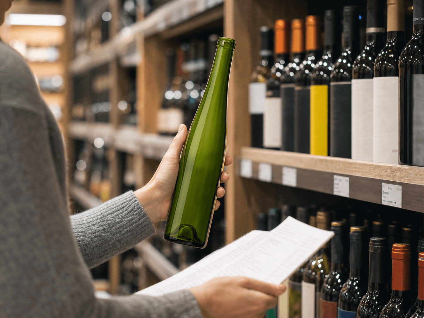 Hock / Riesling Bottle used for a slim bottle read at arm's length in a shelf and list setting