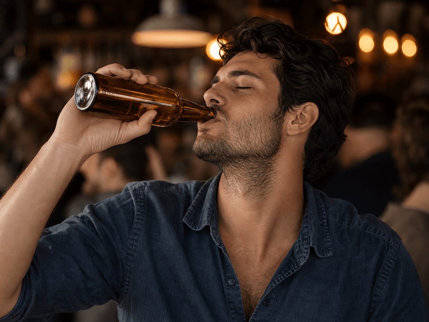 Long-neck Beer Bottle used for beers held by the neck at a venue in a drinking from the bottle setting