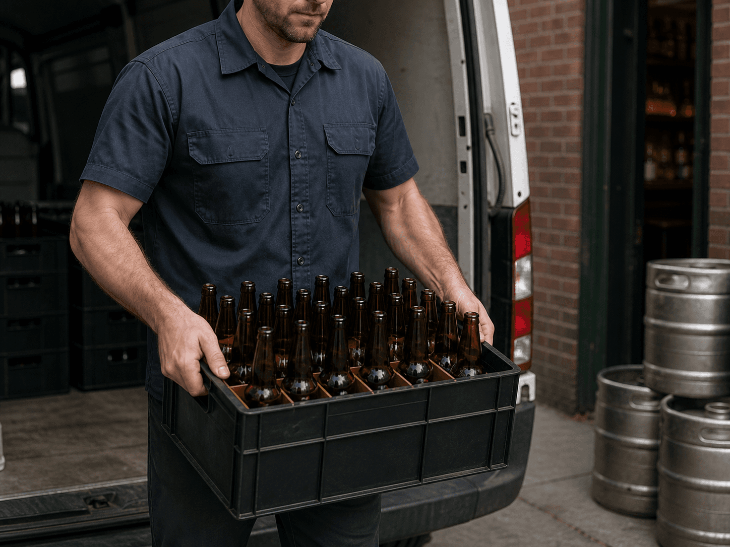 Long-neck Beer Bottle used for cases carried in and out of a van in a delivery rounds setting