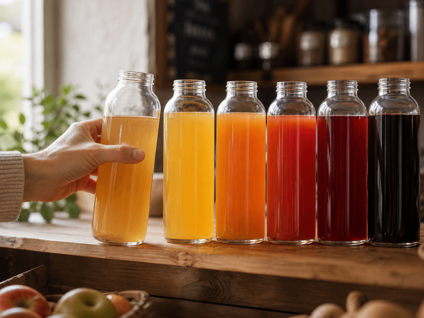 NFC Juice Bottle used for a row of single-variety juices in a farm shops and delis setting