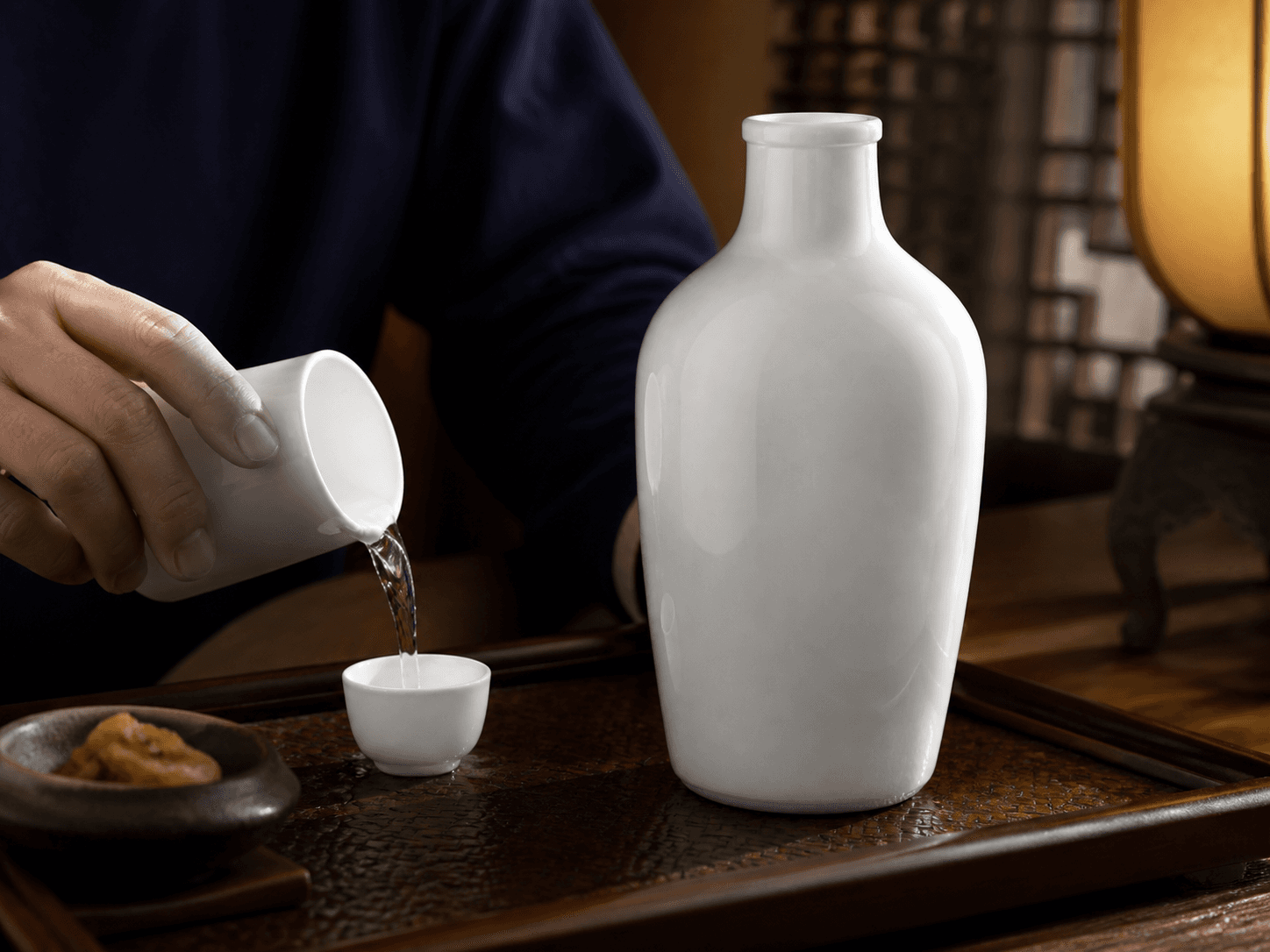 Opal / Decorated Baijiu Bottle used for glass that reads as porcelain in a ceramic association setting