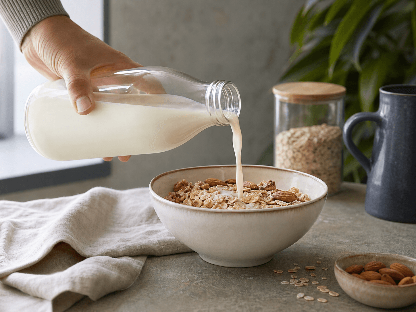 Plant-milk Bottle used for oat, almond & nut drinks in a fresh plant milk setting