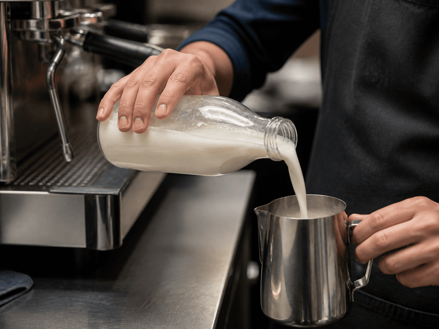 Plant-milk Bottle used for coffee shop & professional formats in a barista & foodservice setting