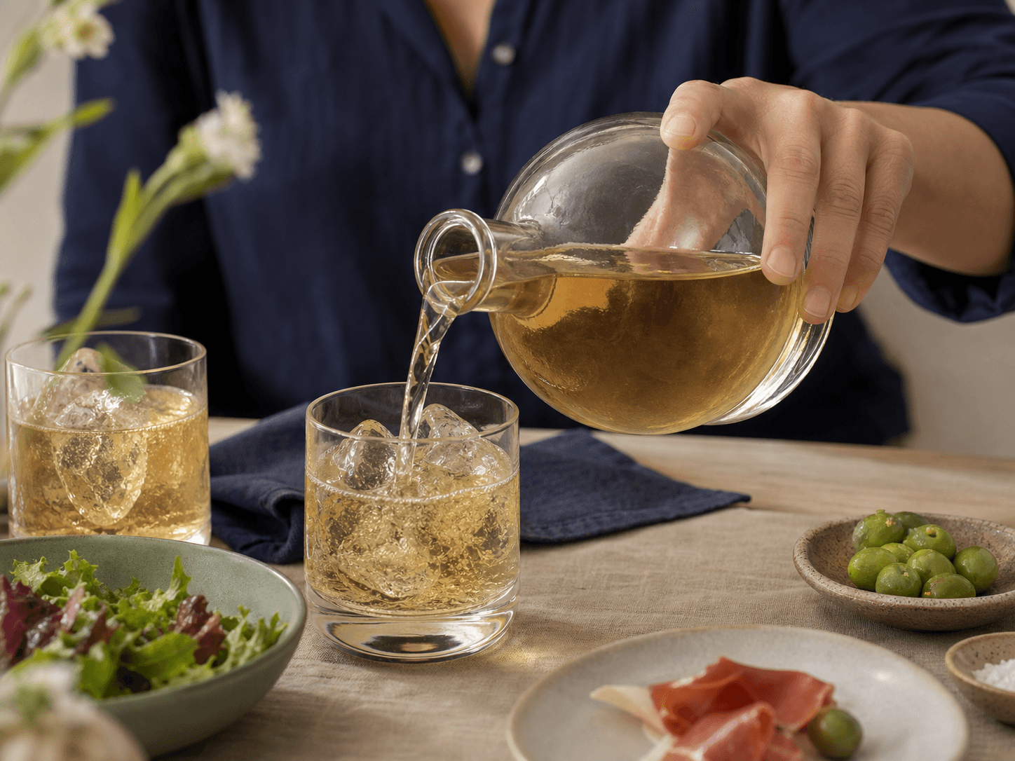 Plum Wine Bottle used for bottles poured over ice at a meal in a table service setting
