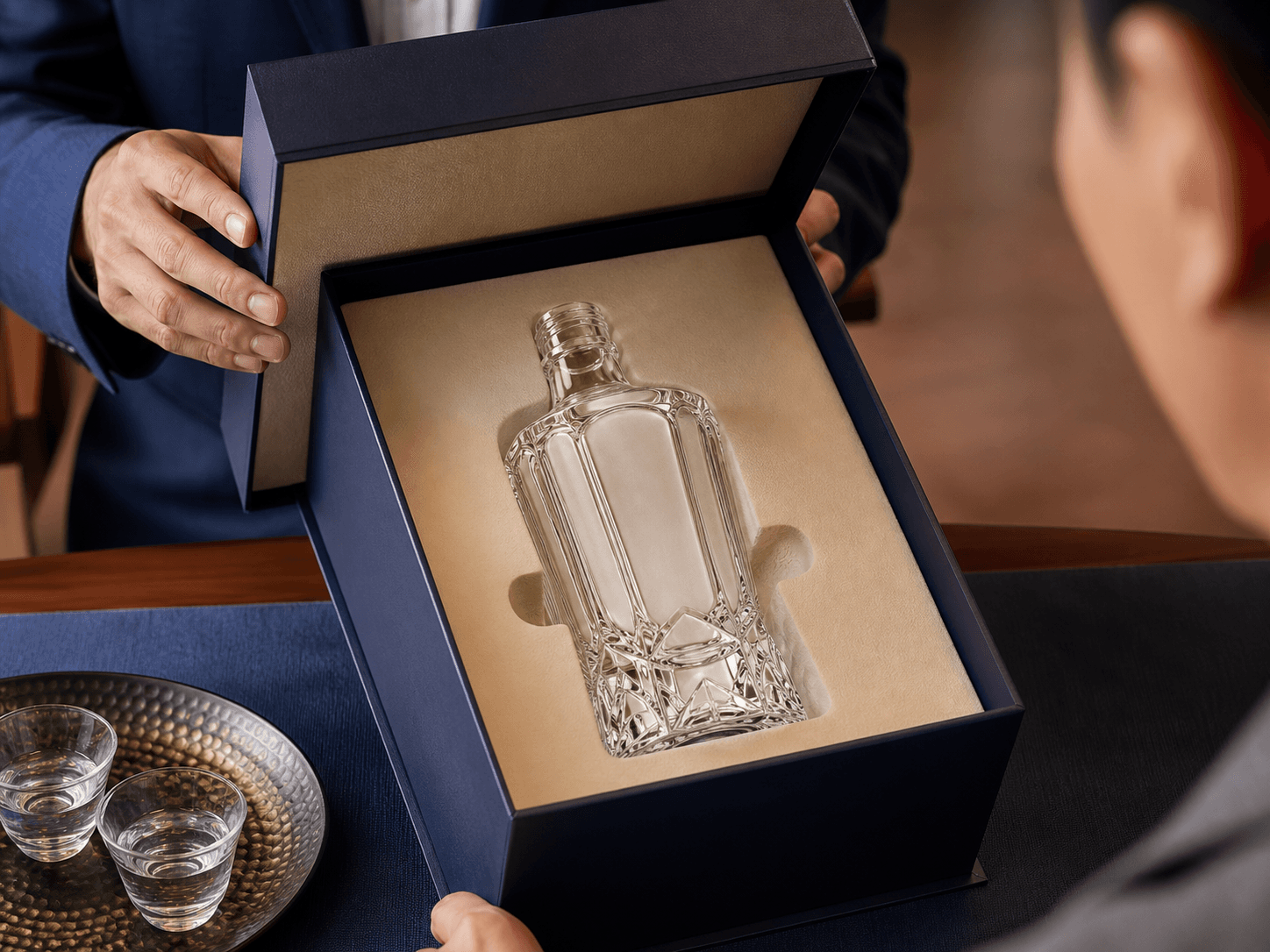 Premium Custom Baijiu Bottle used for faceted bottles inside rigid boxes in a gift presentation setting