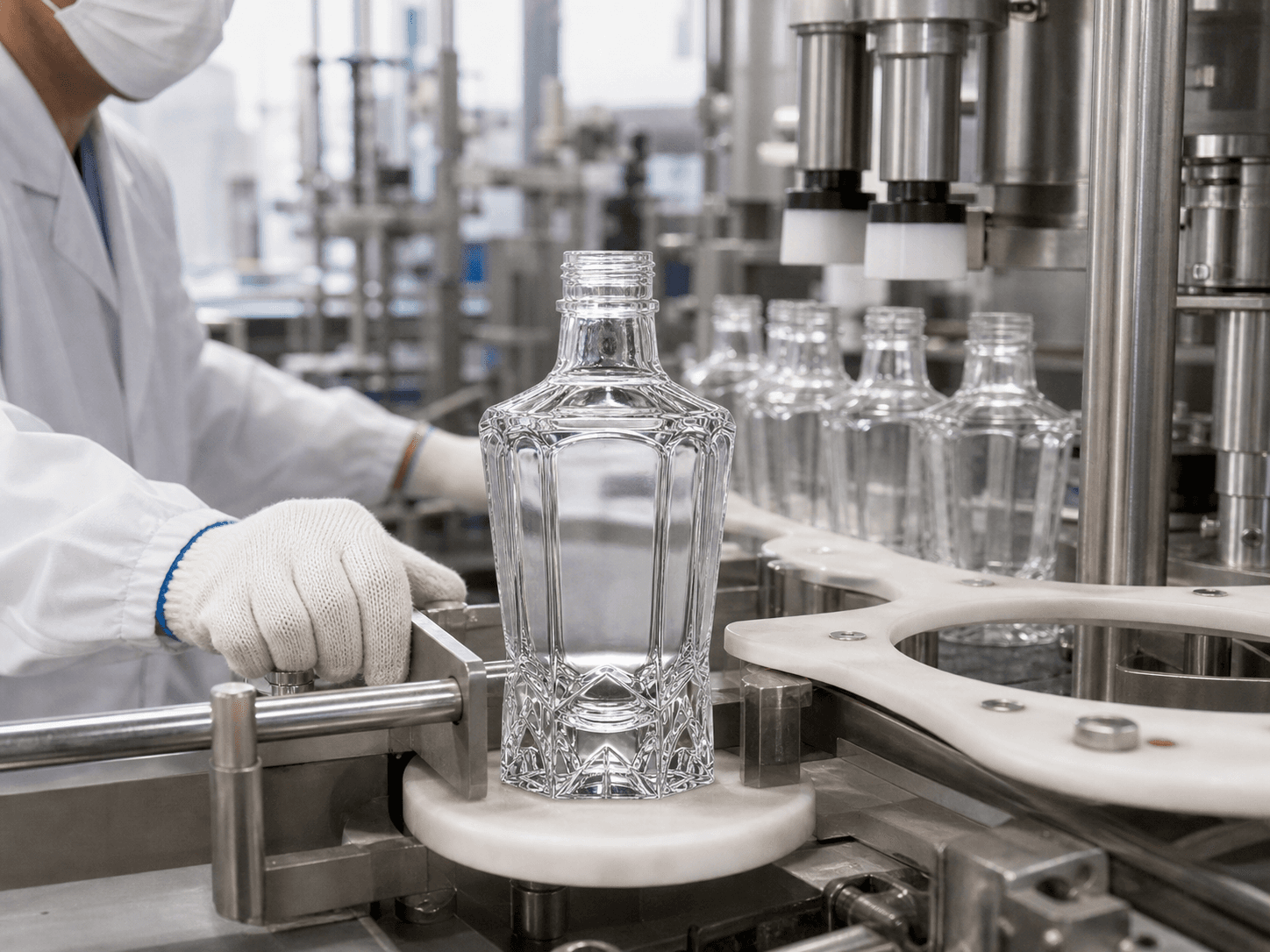 Premium Custom Baijiu Bottle used for a faceted bottle on a round-bottle line in a distillery lines setting