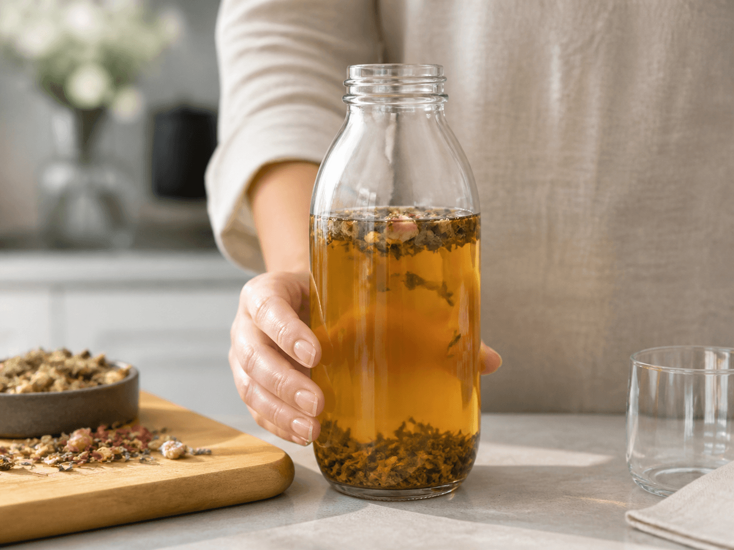 RTD Tea Bottle used for teas with visible ingredients in a botanical blends setting
