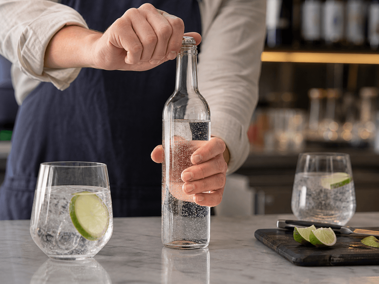 Sparkling Water Bottle used for bottles opened for a single drink in a mixers setting