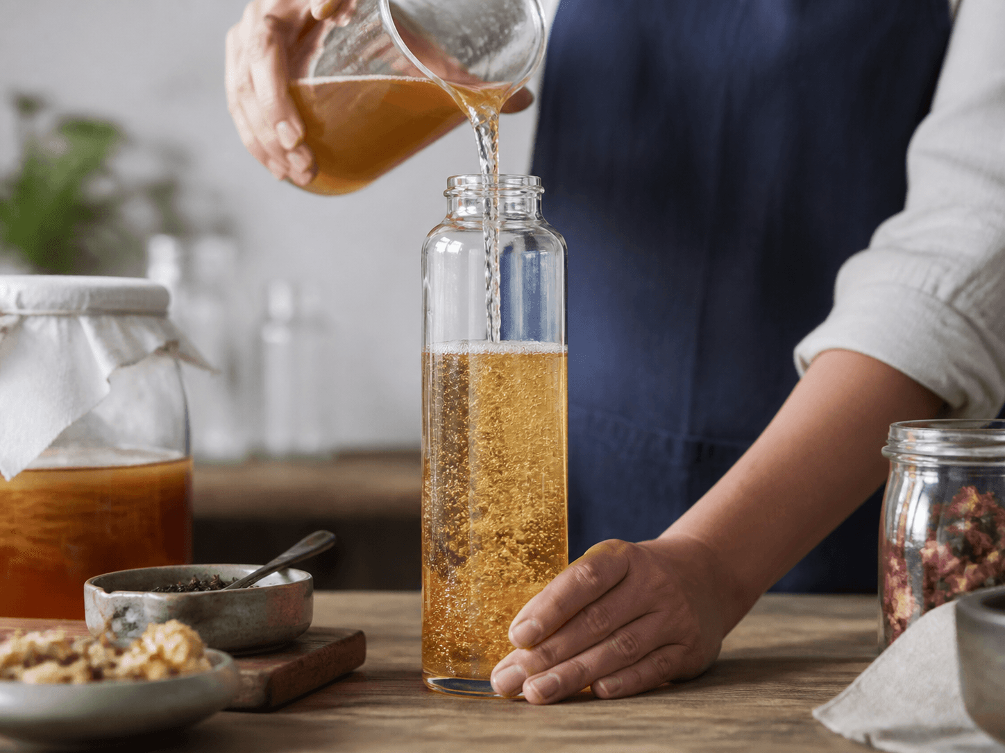 Sugar-free Cold-brew Tea Bottle used for kombucha & functional infusions in a functional setting