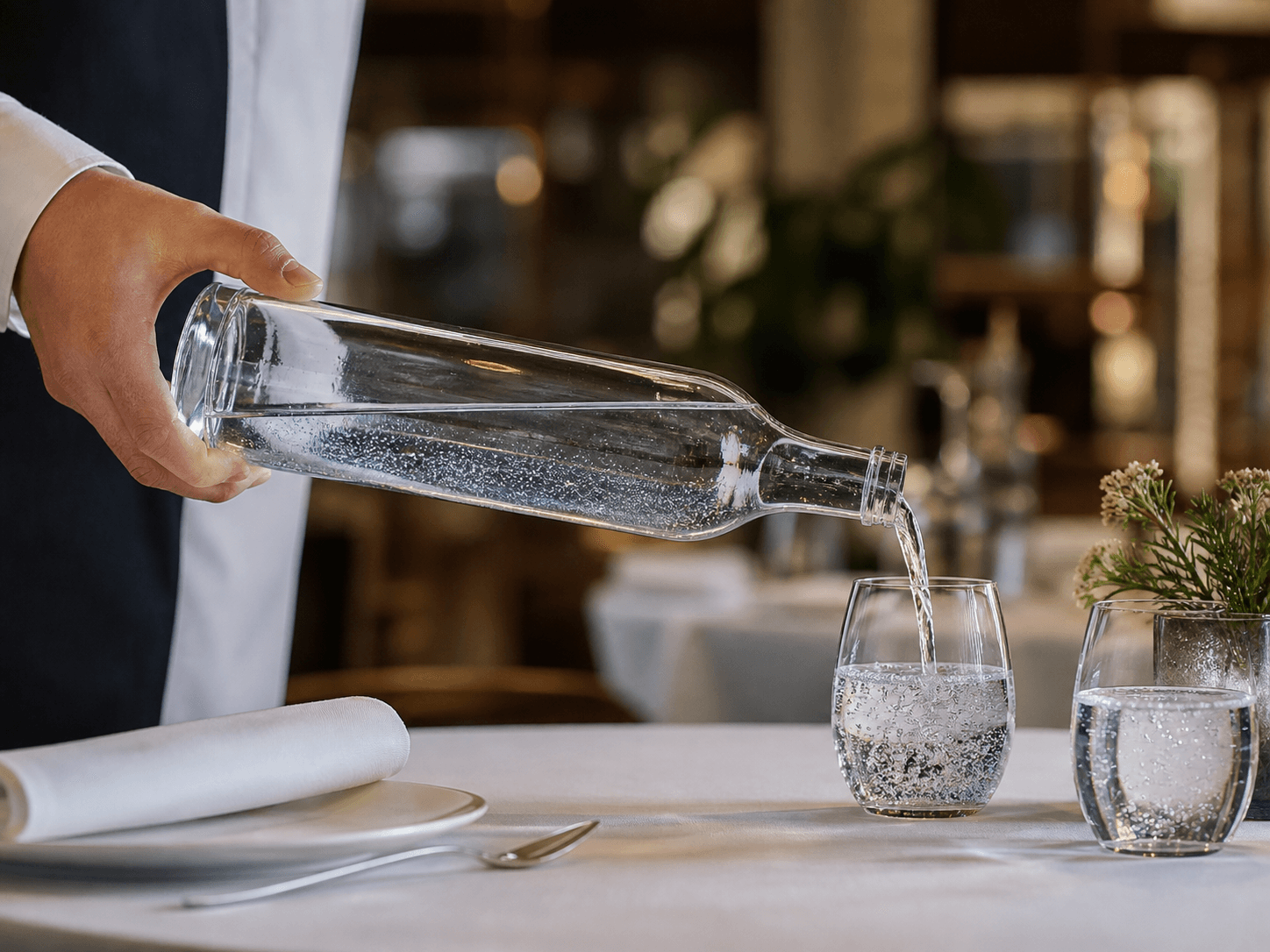 Tall Sparkling Water Bottle used for restaurant & hotel table water in a hospitality setting
