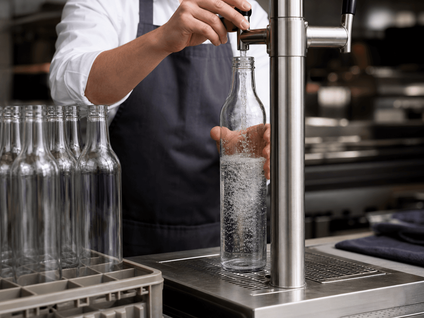 Tall Sparkling Water Bottle used for venue refill & returnable systems in a refill & returnable setting