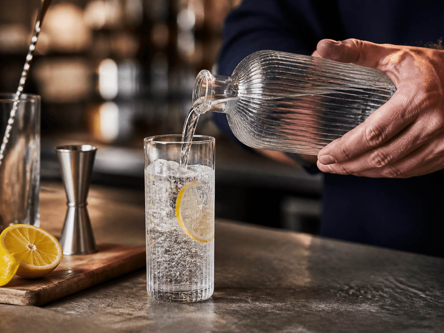 Textured Ridge Bottle used for adult soft drinks & mixers in a non-alcoholic setting