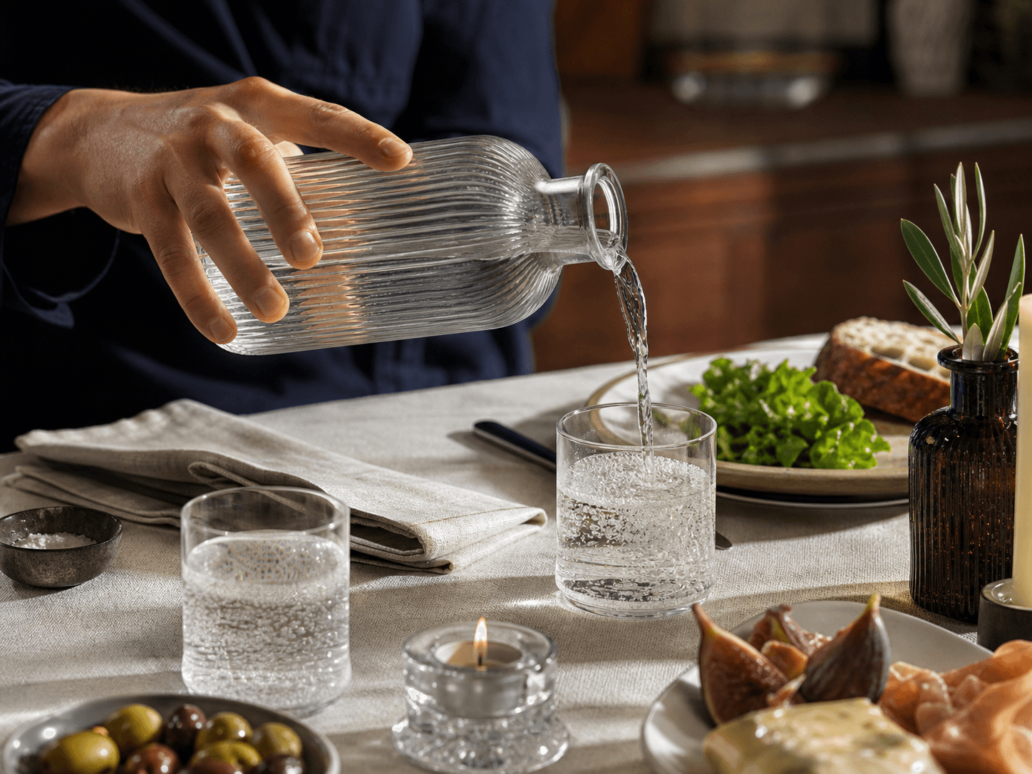 Textured Ridge Bottle used for carafes & serve formats in a dinner tables at home setting
