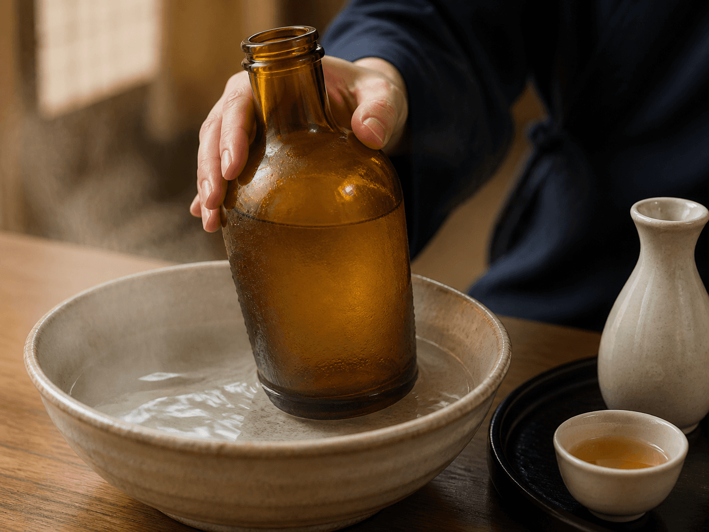 Yellow Rice Wine Bottle used for wine warmed before serving in a traditional service setting