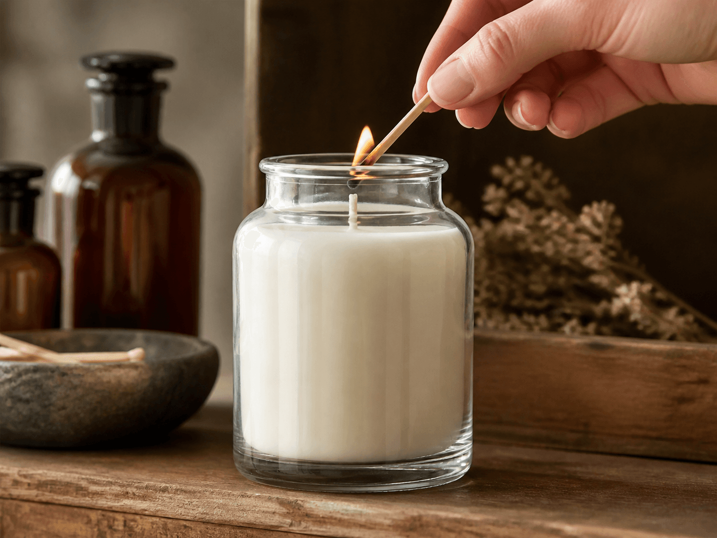 Apothecary Candle Jar used for candles built on an apothecary look in a heritage ranges setting