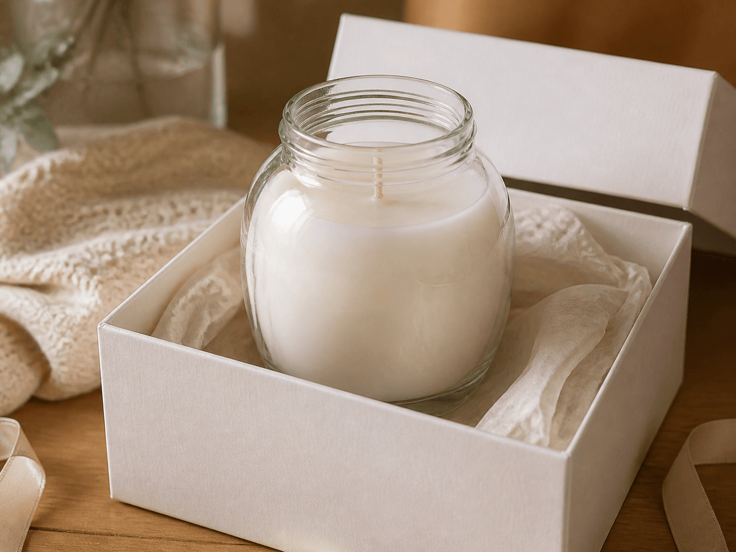 Belly / Bubble Candle Jar used for threaded lids and boxed presentation in a lidded gifting setting