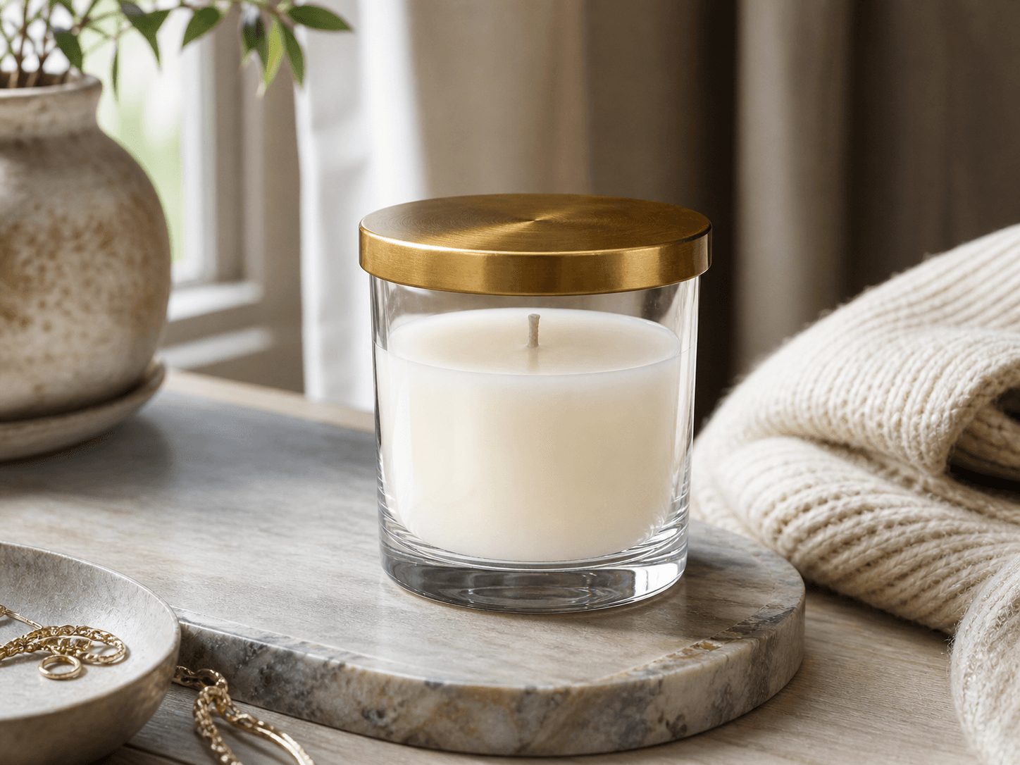 Brass / Brushed-metal Lid Vessel used for candles positioned above the everyday in a elevated ranges setting