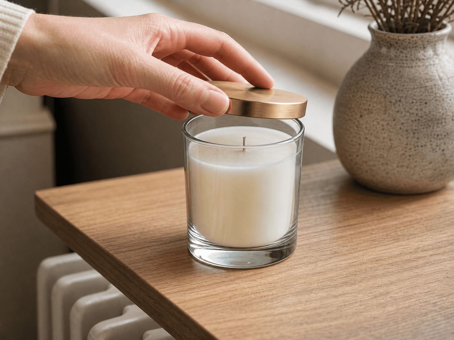 Brass / Brushed-metal Lid Vessel used for a lid that has to come off warm in a rooms with radiators setting