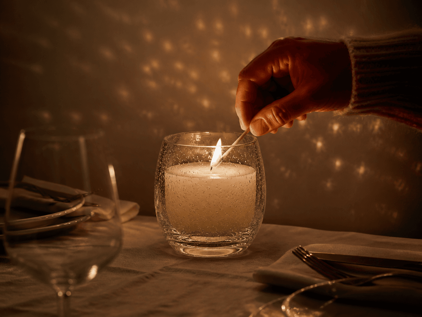 Bullicante Bubble Glass Vessel used for bubbles lit in a dim room in a dinner tables setting