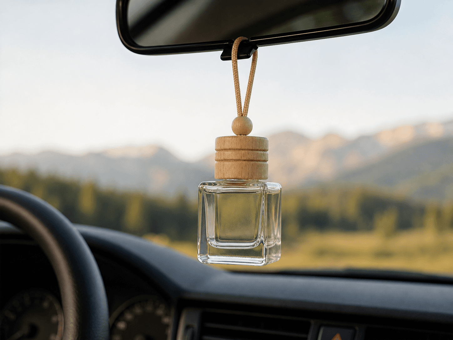 Car Diffuser Bottle used for diffusers hung from a rear-view mirror in a in-car fragrance setting