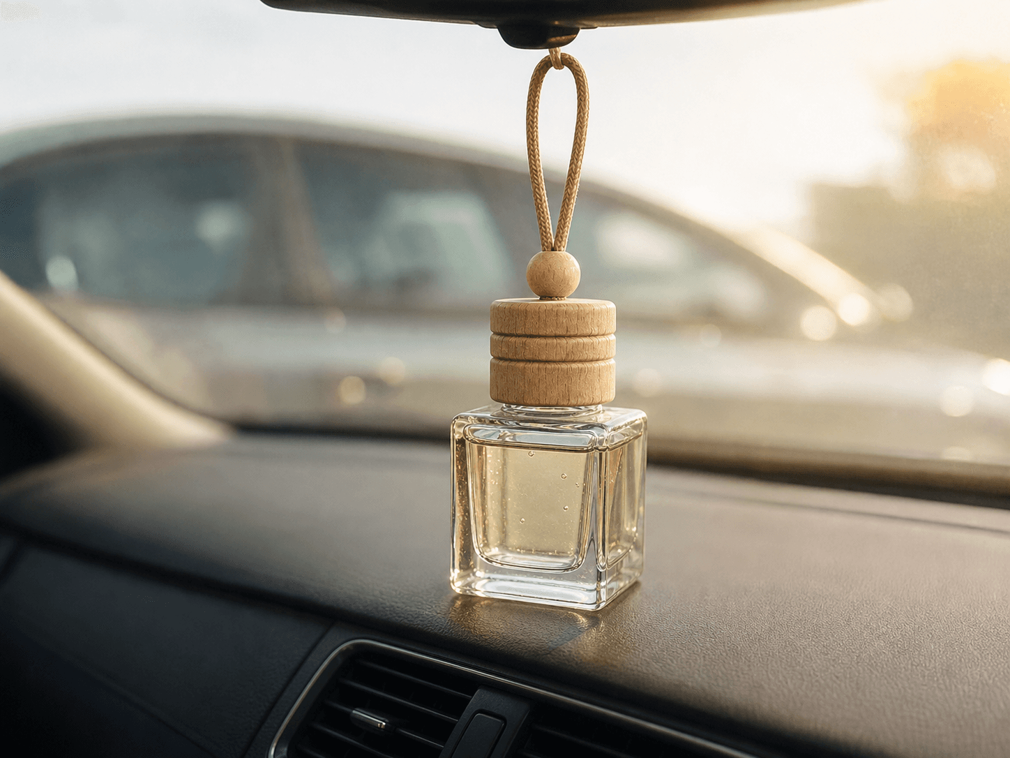 Car Diffuser Bottle used for summer temperatures behind glass in a heat and sunlight setting