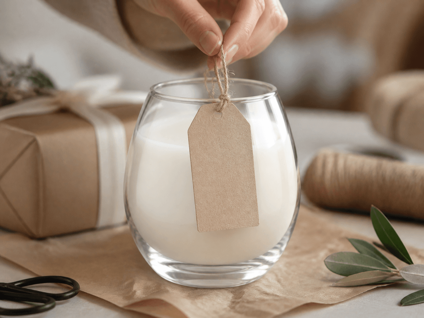 Egg-shaped Candle Vessel used for a tag instead of a front label in a gift wrapping setting