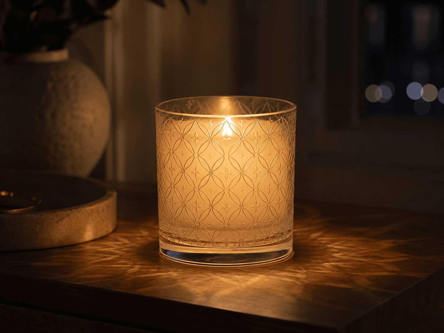 Etched Pattern Vessel used for patterned vessels lit in the evening in a decorative candles setting