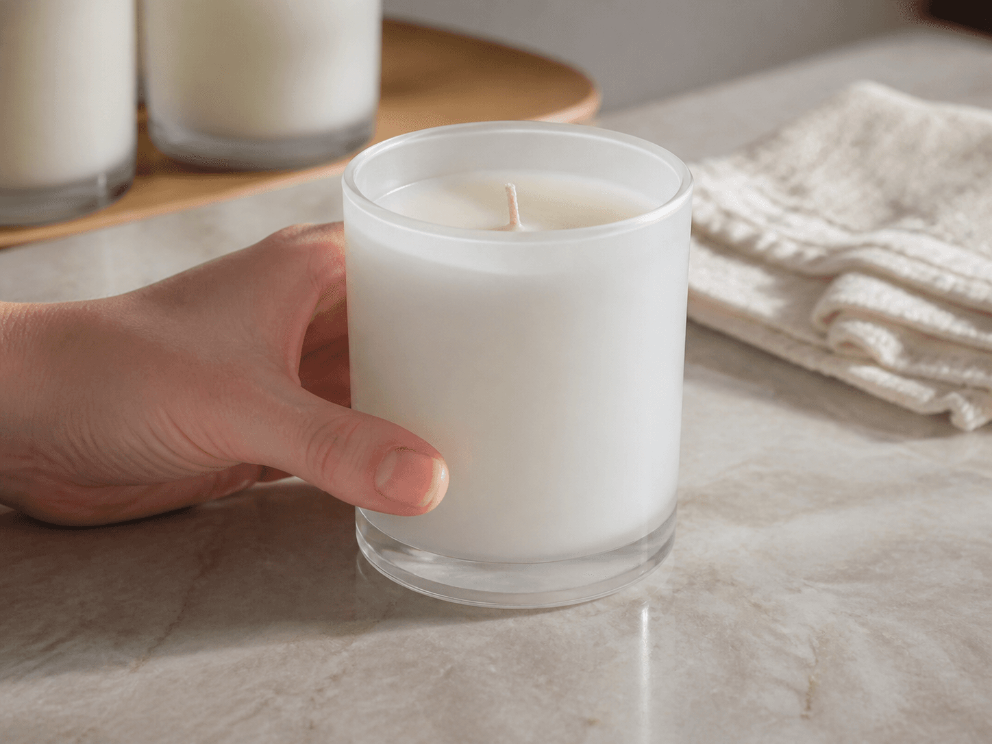 Frosted Candle Jar used for hiding the imperfections clear glass shows in a concealing the wax setting