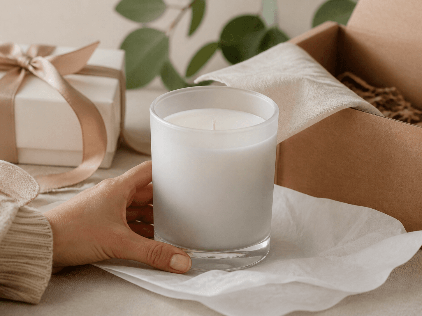 Frosted Candle Jar used for neutral collections and gifting in a soft ranges setting