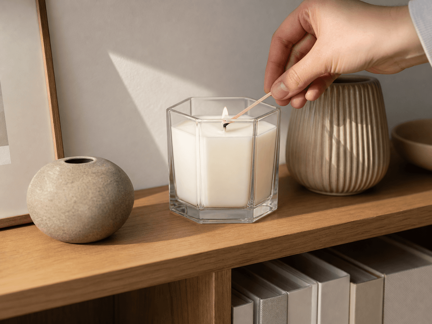Hexagon / Pentagon Geometric Vessel used for architectural pieces on a shelf in a design candles setting