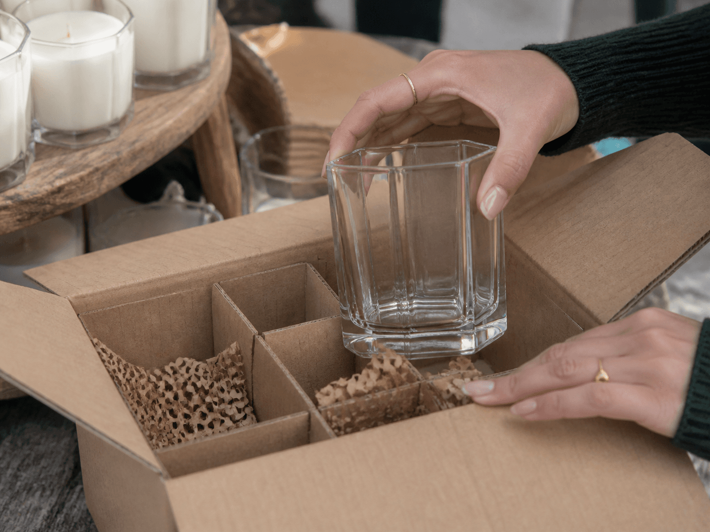 Hexagon / Pentagon Geometric Vessel used for candles unpacked and repacked all season in a market stalls setting