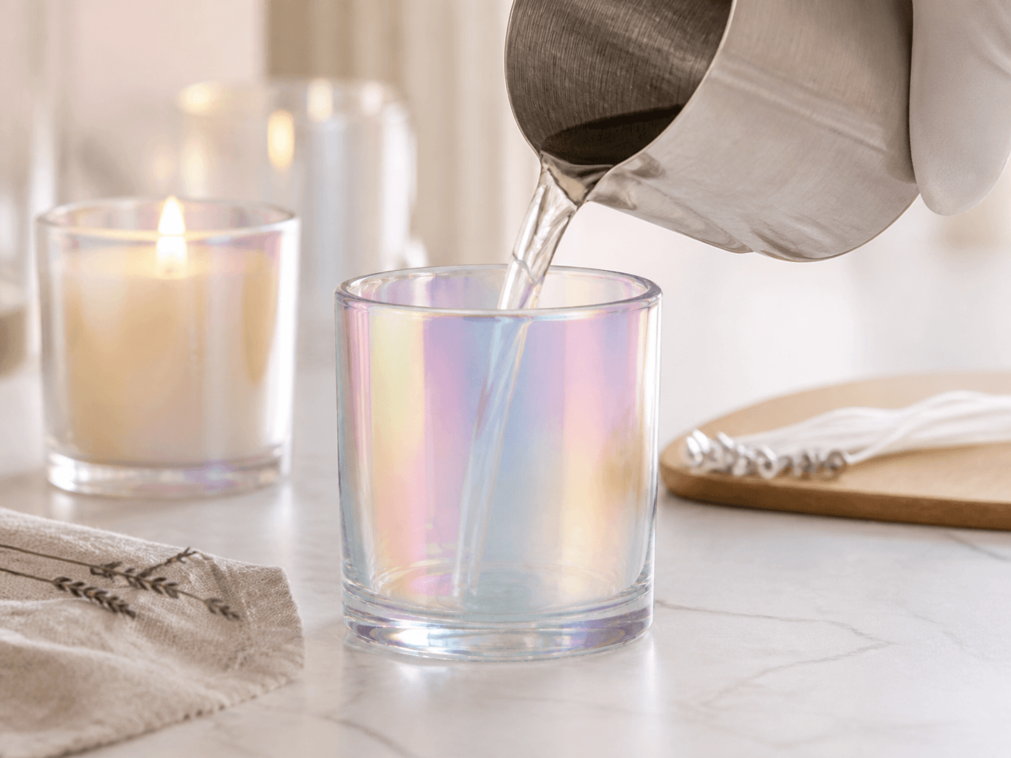 Iridescent / Aura Glass Vessel used for aura finishes for social-led ranges in a trend-led candles setting