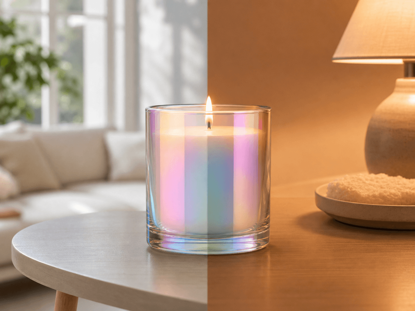 Iridescent / Aura Glass Vessel used for how the finish reads in different rooms in a lighting dependence setting