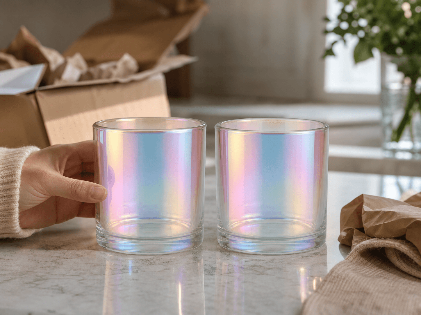 Iridescent / Aura Glass Vessel used for two vessels a customer stands together in a pairs and sets setting