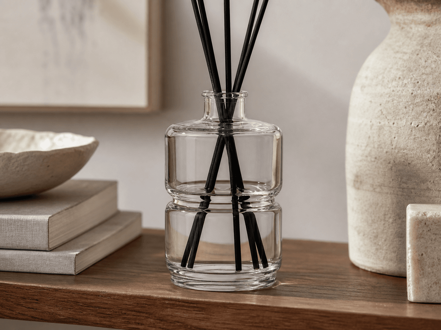 Layered Diffuser Bottle used for diffusers chosen as objects for a shelf in a design-led interiors setting